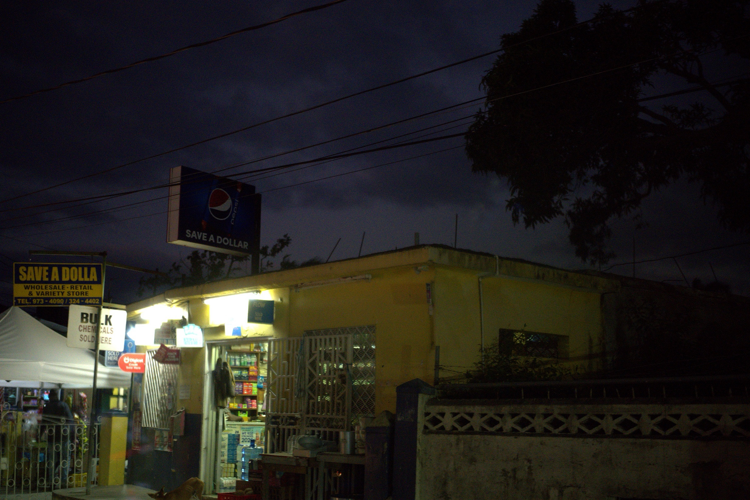 Save A Dollar variety store glowing at night under a dark Jamaican sky, Pepsi sign overhead, goods crowding the lit entrance, power lines and trees silhouetted above